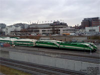 Unidentified GO Transit trains lay over North Bathurst yard